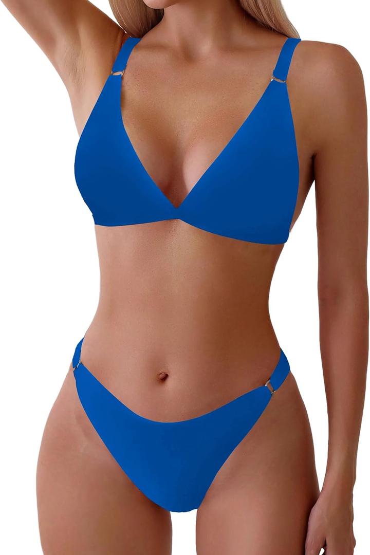 ZAFUL Women's 2 Piece Floral Print Swimsuit Triangle String High Cut Bikini Sets Bathing Suit(1-Blue, Medium)