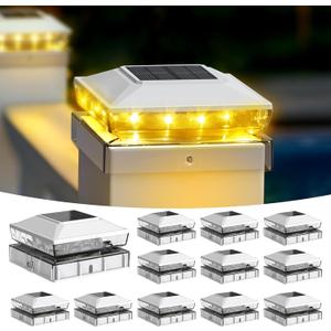 Solar Post Cap Lights, 12-Pack Upgraded Outdoor Deck Fence Post Solar Lights for 4x4 5x5 Wood/Vinyl Posts, IP65 Waterproof, 10-12 Hours Warm White Glow for Garden/Patio/Porch - White