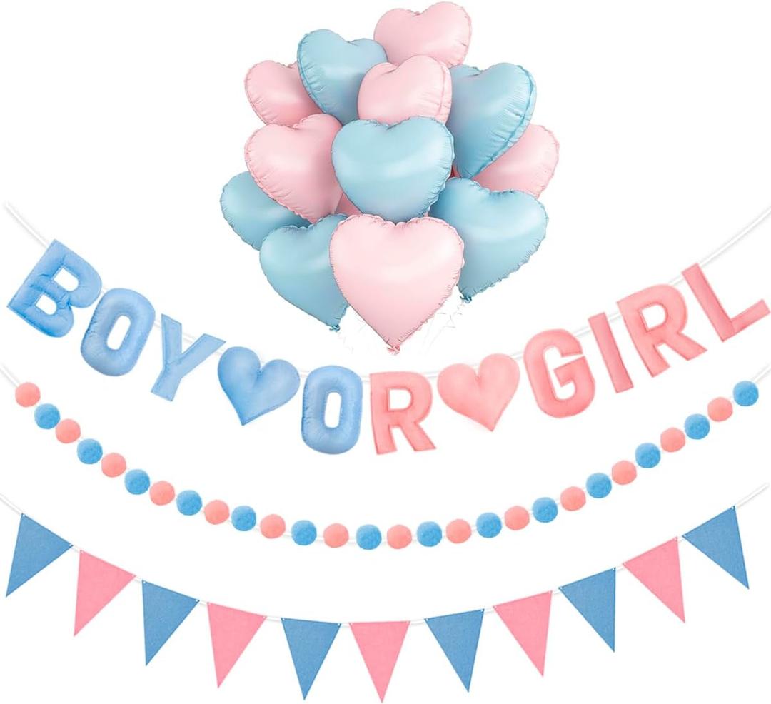 Gender Reveal Banner Set with Pre-Strung 3D Boy or Girl Felt Banner, Pom Pom Garland, Triangle Fabric Bunting, 12 PCS Pink Blue Heart Shaped Balloons, Baby Shower Decorations for Girls Boys Twins