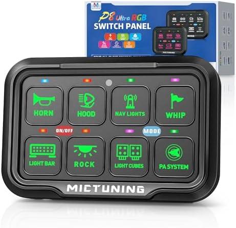 MICTUNING P8+ Ultra 8 Gang Switch Panel, IP67 Waterproof, Toggle Momentary Pulsed RGB Dimmable Multifunction Switch, Universal Circuit Control Relay System Switch Box for Car Boat