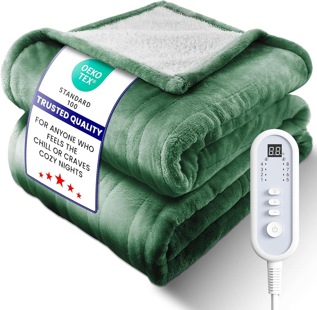 Electric Heated Blanket Throw, UltraCozy Premium Flannel & Sherpa, Even Heat Distribution & Stable Temp, 18H AutoOff, 8 Temps (86125.6F), Overheat Protection, Ideal Gifts for Grandma (Green)