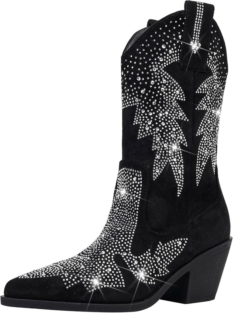 Women's Sparkly Rhinestone Bling Cowgirl Suede Western Boots Shiny Pointed Toe Chunky Heel Glitter Ankle Booties (10, Black)