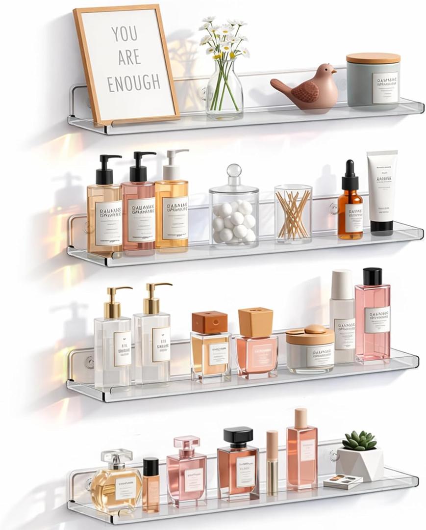 Floating Shelves for Bathroom, Acrylic Wall Organizer for Perfume, Makeup, Figures, Nail Polish, Photo, Book, 14" Decor Display Rack for Nursery, Living Room, Bedroom, Kitchen, Clear, 4 Pack
