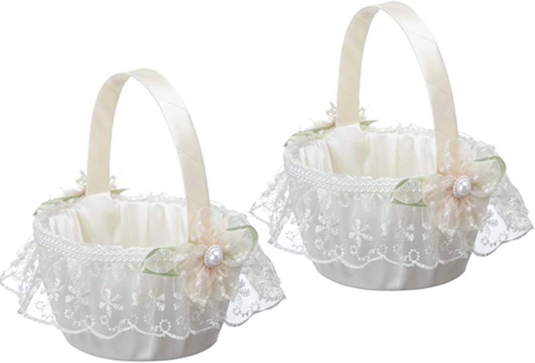 2 PCS Wedding Flower Girl Baskets, Creative Hand-held Lace Rhinestone Flower Baskets for Flower Bride/ Kids Wedding Ceremony Party Accessories (C)