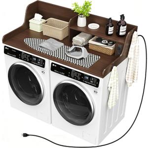 2 Tier Washer Dryer Countertop, 54" W x 27.5" D Laundry Countertop with Power Outlet, Wood Washer and Dryer Topper with Non-Slip Pad, Dryer Cover Shelf for Laundry Room Organization (Walnut)