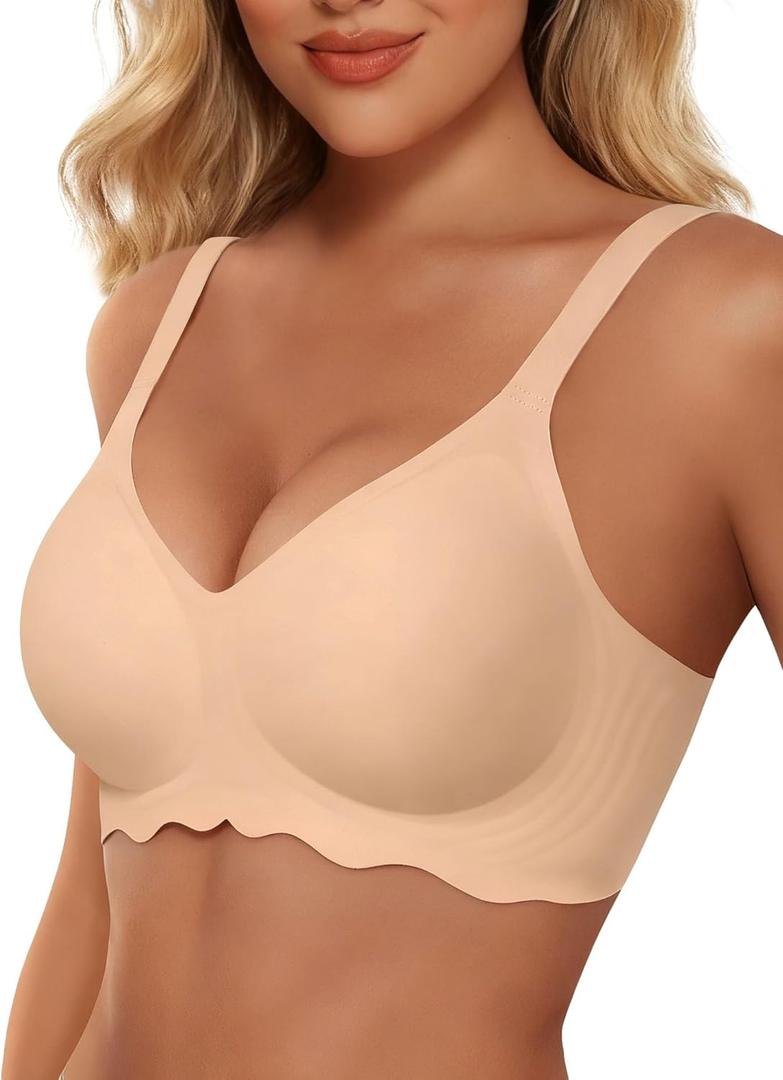 HORISUN Wireless T Shirt Bra Seamless Push Up Bralette Full Coverage V Neck Comfortable Bras for Women (3X-Large, New Nude)