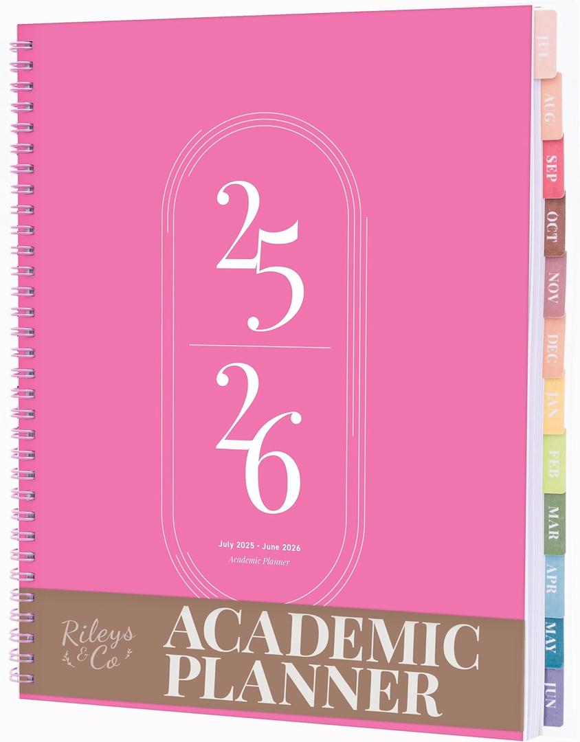 2 x Rileys Academic Planner 2025-2026, Daily, Weekly & Monthly Planner, July 2025 - June 2026, Student Notes Pages, Twin-Wire Binding, Weekly Agenda for School & Work (8.5 x 11-Inches, Pink)