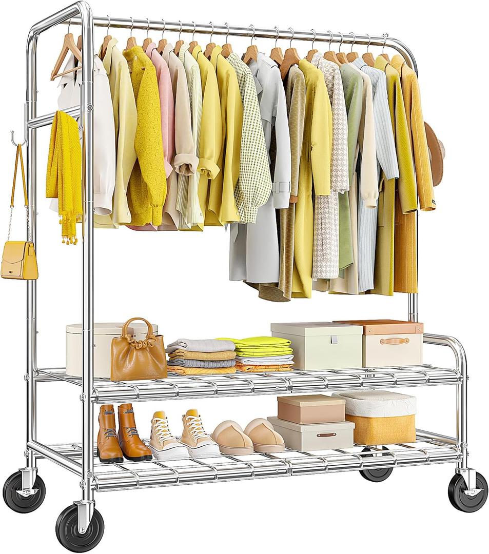 Raybee Heavy Duty Clothes Rack Load 420 LBS, Clothing Racks for Hanging Clothes, Rolling Garment Rack with Sturdy Wheels & 2 Shelves for Bedroom, Laundry Room, Entry Hall, Portable, Chrome