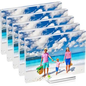 5 Pack 5x7 Magnetic Acrylic Picture Frame, Clear Double Sided Frame with Base, Frameless Floating Lucite Photo Frame Stands on Desk Table Horizontally or Vertically
