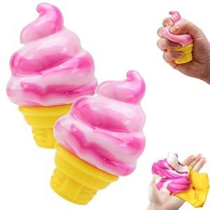 Ice Cream Squishy Toy, Summer Sensory Stress Relief Squeeze Squishy, Party Favors for Anxiety Relief Everyone, Birthday Gift (Pink)