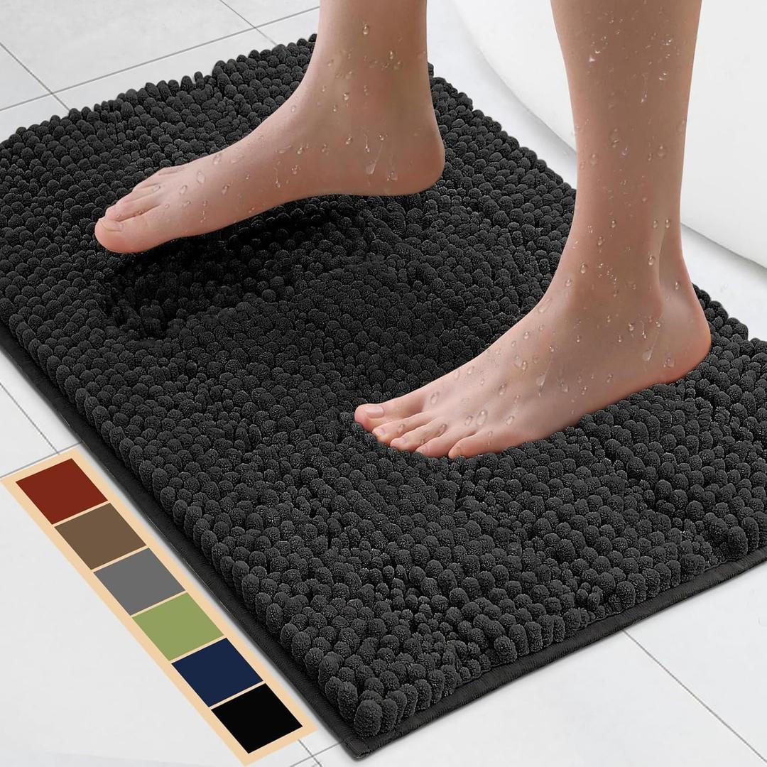 Bcoimo 24"17" Chenille Bath Mat  Non-Slip with Backing Bath Rug Ultra-Absorbent and Machine Washable Bathroom Mat Quick-Dry Design. Ideal for Bathroom and Tub Areas (Black)