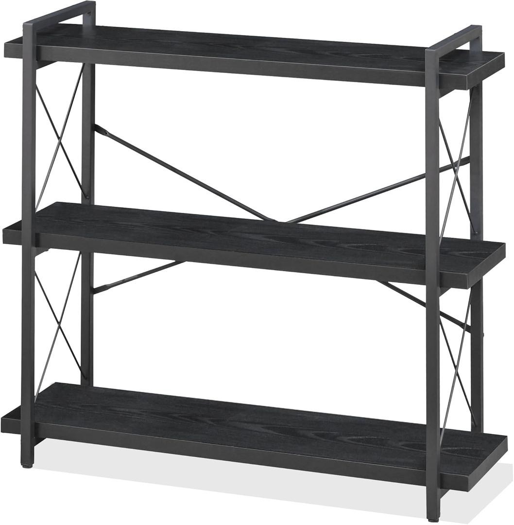HCHQHS Bookshelf, 3-Tier Industrial Bookcase, Black Open Book Shelf, Freestanding Horizontal Bookshelves with Metal Frame
