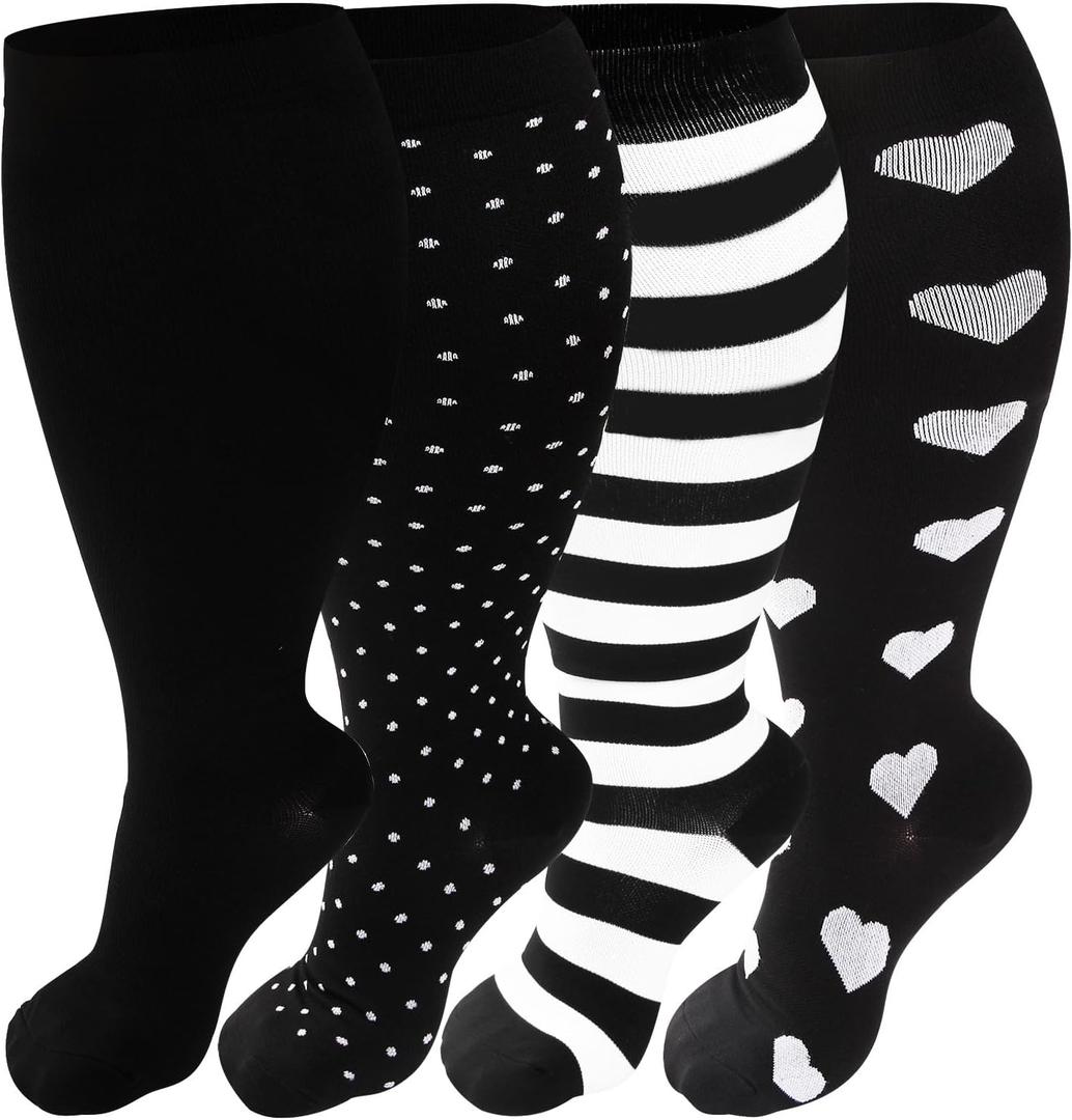 4 Pairs Plus Size Compression Socks for Women & Men, Extra Wide Calf 20-30 mmhg Knee High Compression Stockings for Circulation Swelling Support (2X-Large, A1 Assort 4 Pairs Black)