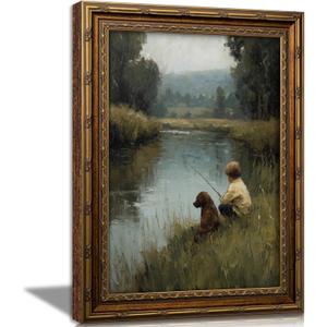 Vintage Gold Framed Wall Art, Boy and Dog Fishing by the River Oil Painting Print, Rustic Countryside Landscape Decor for Living Room, Bedroom, Office, Ready to Hang, 24"L x 16"W