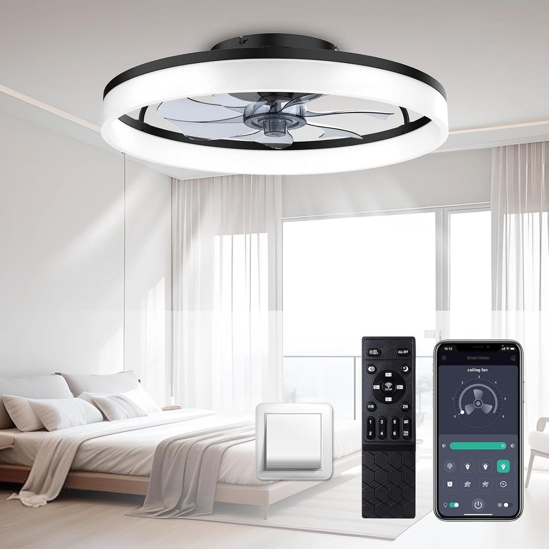 Ceiling Fans with Lights and Remote, 20'' Low Profile Ceiling Fan, 3000-6000K Dimmable Modern Flush Mount LED Fan Light, 6 Wind Speeds, Fandelier Ceiling Fans for Bedroom