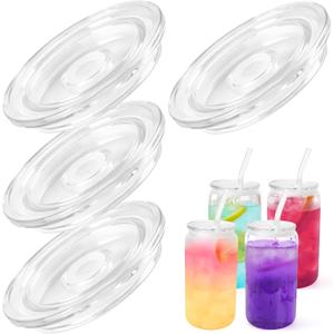 Joyclub 4 Pack Acrylic Lids Fit for 16 oz Glass Cups with Straws, Replacement Lid for Drinking Beer Glasses with Bamboo Lids Iced Coffee Cups Cute Tumbler Cup (Clear)