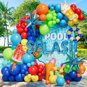 Summer Pool Beach Party Decorations Tropical Balloon Garland Arch Kit with Explosion Star and SPLASH Foil Balloon for Tropical Hawaii Birthday Baby Shower Party Decorations
