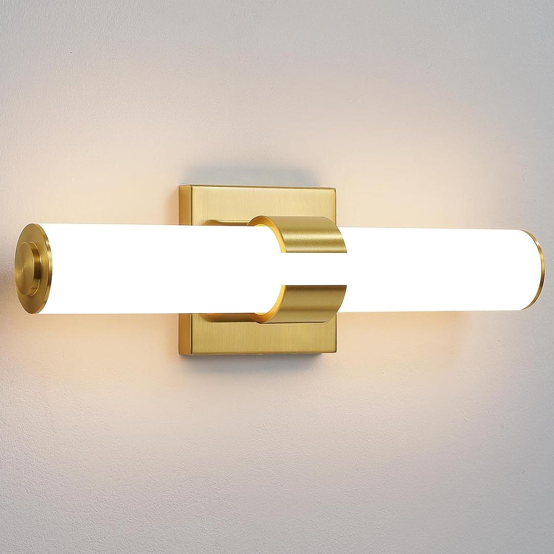 AIJIASI Gold Bathroom Light Fixtures - 16 Inch Modern Vanity Light 15W 5CCT Dimmable LED Bathroom Sconce with Acrylic Shade, Indoor Vanity Lighting Fixtures Over Mirror