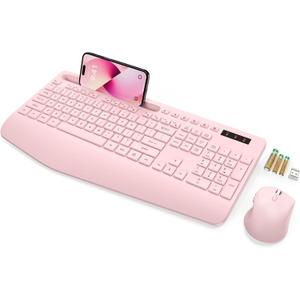 Wireless Keyboard and Mouse, Wrist Rest, Phone Holder, Batteries Included, 2.4G Lag-Free Ergonomic Keyboards Mouse Combo, KM23D Silent Keyboards Set for Computer, Laptop, PC, Windows, Pink -SABLUTE (1 Pack)
