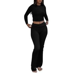 AYWA Women's 2 Piece Outfits Foldover Flare Pants Long Sleeve Crew Neck T-shirt Fitted Pajama Sets Size Small