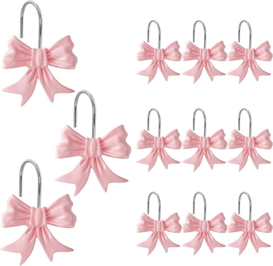 Cute Bow Knot Shower Curtain Hooks Rings, Modern Home Decorativ Rust Resistant Hangers, 12PCS Shower Hooks for Bathroom Shower Rod, Bedroom, Living Room (Bow Pink)