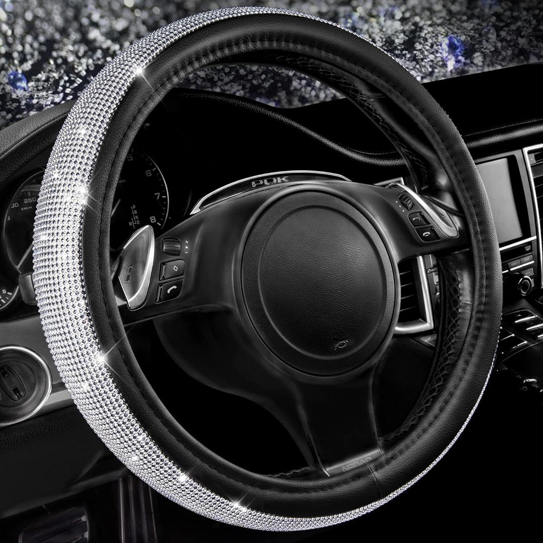 CAR PASS Bling Diamond Leather Steering Wheel Cover, with Bling Sparkly Crystal Glitter Rhinestones Universal Fit 14.5in-15in Car Wheel Protector for Women Girl Fit Suvs,Vans,Sedans,Car,Trucks, Silver (Silver Diamond)