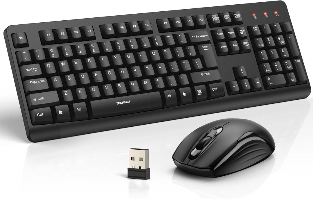 TECKNET Wireless Keyboard and Mouse Combo, Full-Size Ergonomic Keyboard & Optical Mouse, Low-Noise Typing & Clicking,Long Battery Life,Spill-Resistant,2.4G Lag-Free USB Receiver for PC,Laptop,Computer (Black)