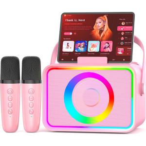 Karaoke Machine,Portable Bluetooth Speaker with 2 Wireless Microphone for Adults & Kids with LED Lights, Karaoke Microphone with PA System Supports USB/TF/AUX,Gift for Party (Pink)