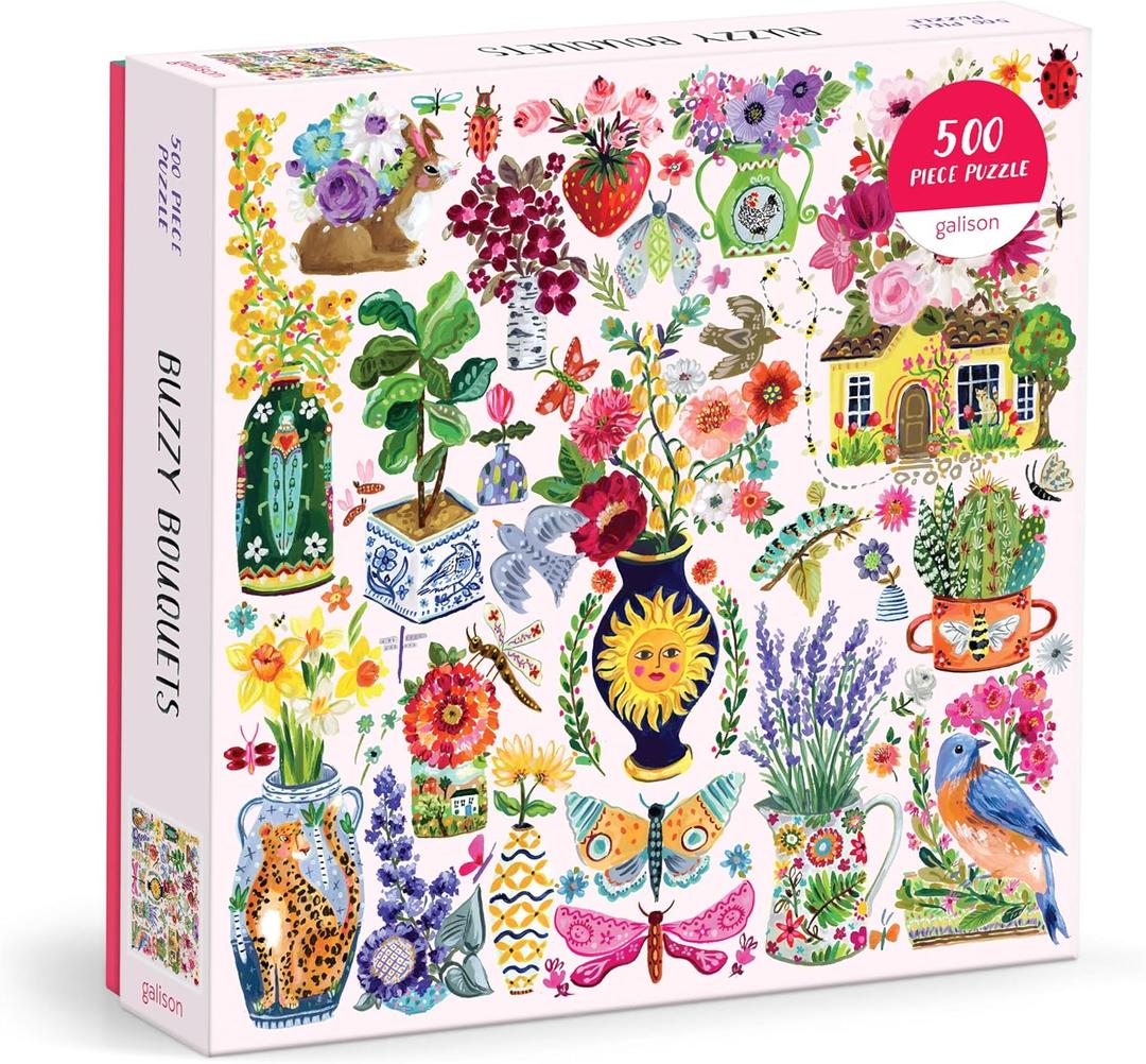 Galison Buzzy Bouquets  500 Piece Jigsaw Puzzle Featuring Beautiful Artwork of Quirky Flower Vases and Buzzy Insects