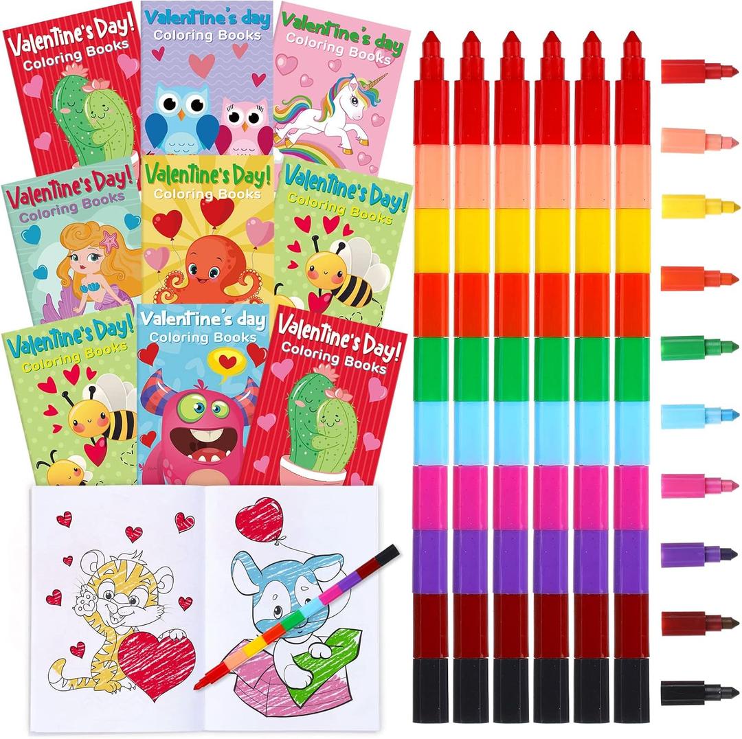 Funrous 28 Pcs Valentine's Day Coloring Books for Kids Bulk with 28 Stacking Crayons Valentines Activity Books with Crayons - Party Favors, Goodie Bag Stuffers & Classroom Exchange Gifts
