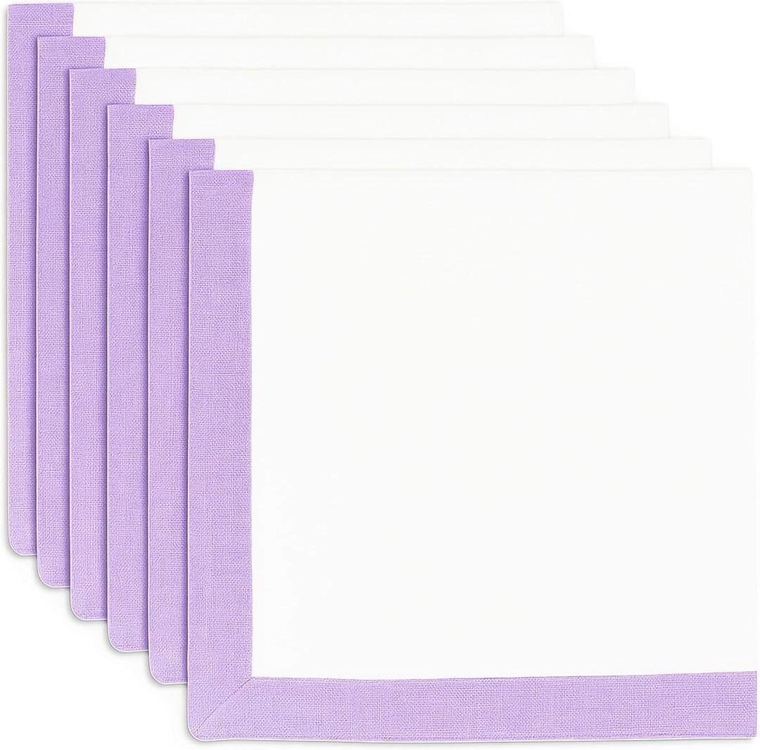 PurpleEssences Lavender and White Cloth Napkins - 18x18 Inch Set of 6-100% Cotton Elegant Hemstitch Dinner Napkins with 1" Solid Edges, Soft Durable Washable - Spring Easter Summer Table Décor