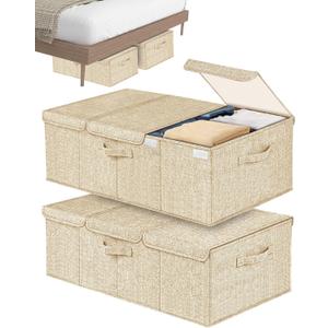 Deep Under Bed Storage Container, 10" Tall Height Underbed Box Bin with Lids 31" Long Large Basket for Under Bed, Bedroom, Dorms, Clothes, Bed sheets, Blankets, 2 Pack, Beige