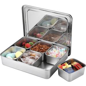 JUXYES Stainless Steel Divided Serving Tray with Lid, Portable Snackle Box Charcuterie Container with 6 Removable Compartments for Party Travel, Snack Platter Organizer for Fruits, Candy, Nuts, Snack