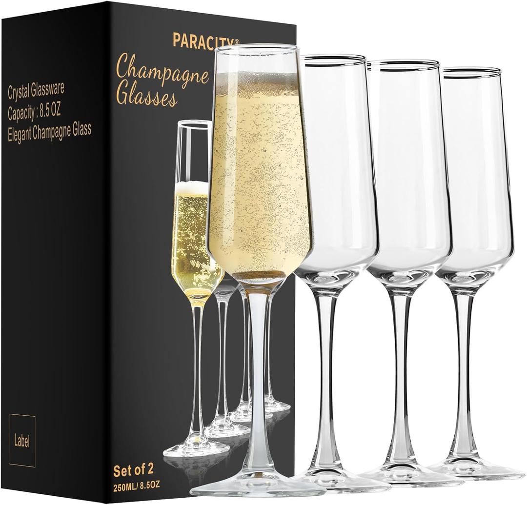 PARACITY Champagne Flutes, Champagne Glasses Set of 4, Elegant 8.5oz glass champagne flutes, Gift for Birthday, Wedding, Christmas, Valentine's Day