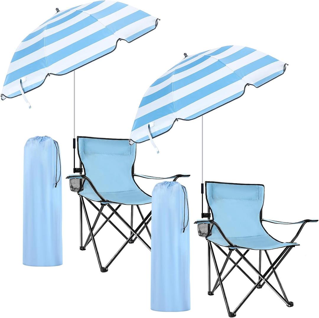 Anglechic 2 Pack Beach Chair with Umbrella for Adults Universal Clamp Folding Lightweight Adjustable Backpack Sling Beach Camping Chair with Cup Holder for Sand Camping Travel Outdoor Pool(Light Blue)