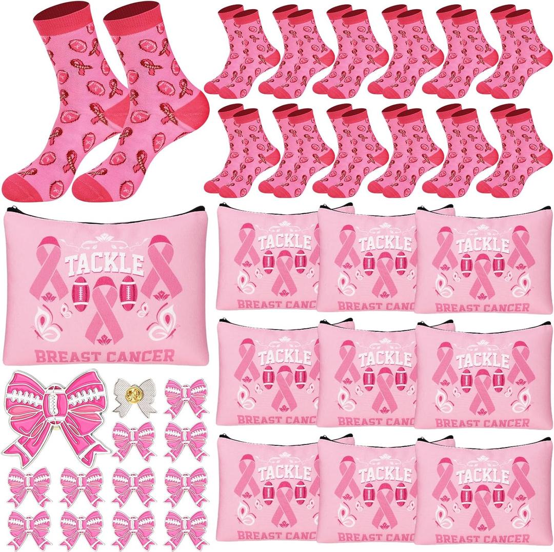 36 Pcs Football Breast Cancer Awareness Gifts for Women Pink out Socks Makeup Bags Pins for Breast Cancer Awareness Month Pink out Football Games