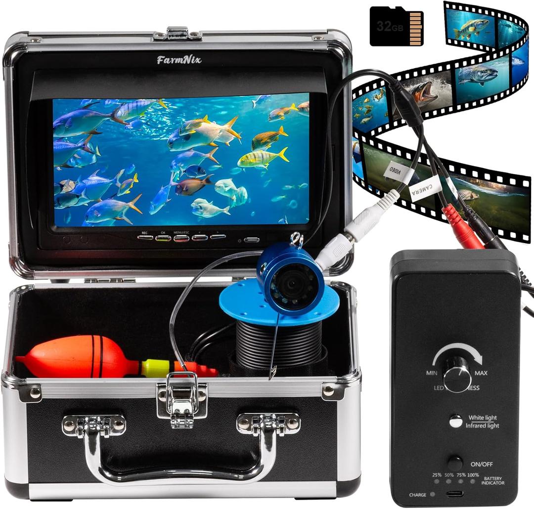 Underwater Fishing Camera, 7" LCD Monitor with 10000mAh, Waterproof Portable Fish Finder, Underwater Camera for Fishing & Ice Fishing, 32GB DVR, IR LED 98FT Fish Cam for Ice Lake Boat Fishing