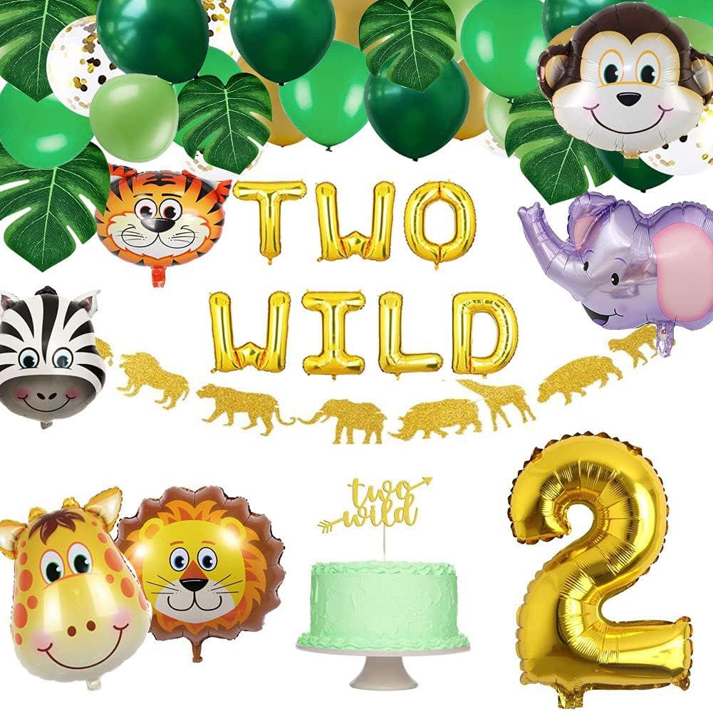 Jungle Theme Two Wild Birthday Party Decorations, Jungle 2nd Party Supplies Kit Animals Head Foil Balloons and Two Wild Theme Banner Caketoppers for Baby Boy Girl 2nd Birthday Decor