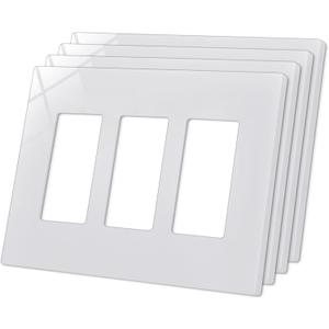 CML 3-Gang Screwless Wall Plate Cover, Mid-Size 4.88" x 6.76", Midway Triple Faceplate Cover for Decorator Receptacle Outlet & Switch, UL Listed, 4 Pack, White