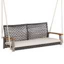 2-Person Steel Patio Rattan Hanging Swing Chair Porch Loveseat Cushioned Black