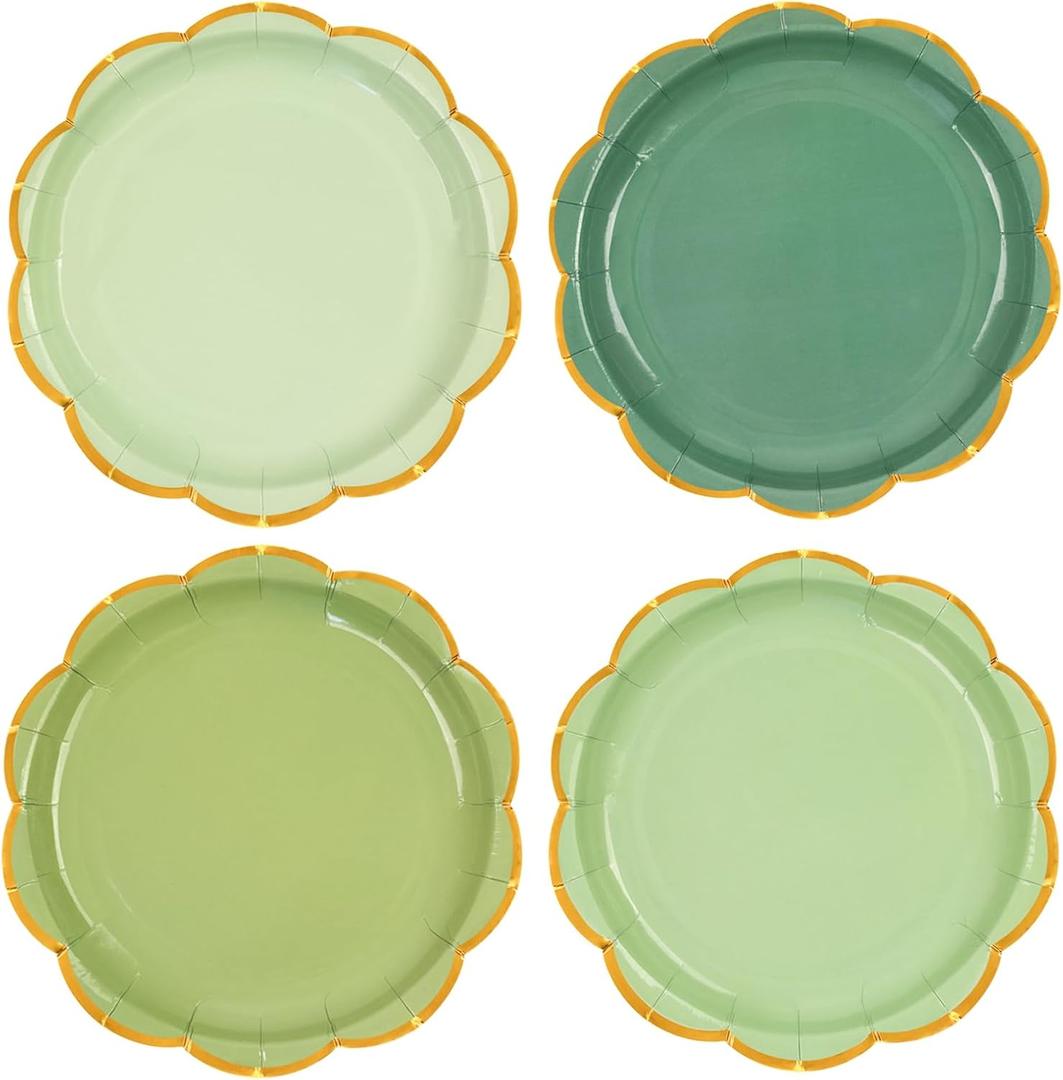 48 Pcs Sage Green Scalloped Paper Plates,7 Inch Gradient Green Dessert Party Plates with Gold Foil Disposable Cake Plate Decorative Dinner Serving Plate for Birthday Wedding Graduation Party Supplies