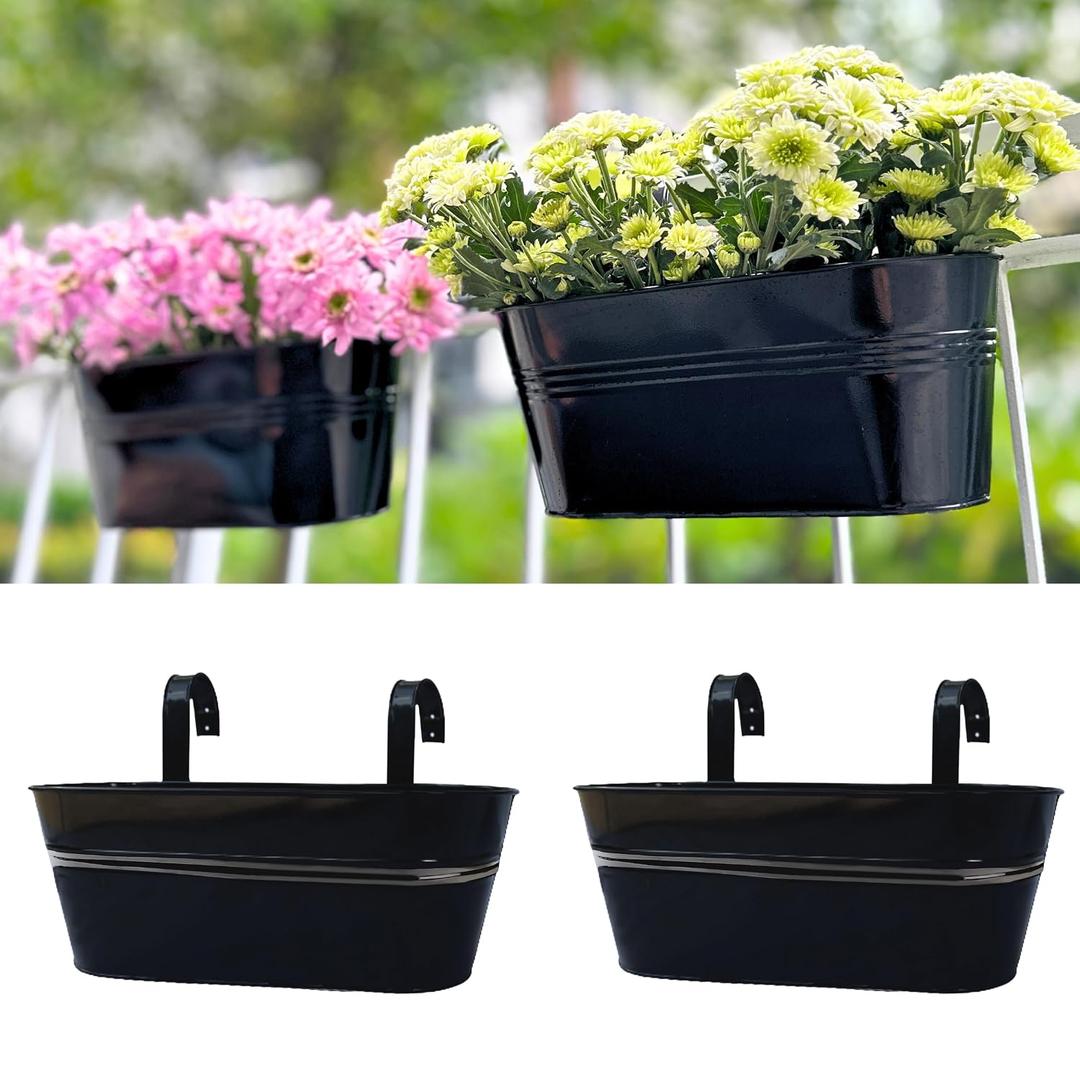 LaLaGreen Deck Railing Planter Box (2 Pack, 17 Inch) Large Black Metal Window Flower Boxes Outdoor, Wall Hanging Planters Plant Holder Hooks Fence Rail Bucket Modern Countryside Boho Style Patio Porch