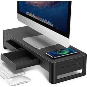 meatanty 3 In 1 Monitor Stand Riser with 2 Drawers,1 Wireless Charging Module and 4 USB Ports,Metal Computer Stand Support Transfer Data & Charging,Desk Organizer for PC,iMac (21 inches)