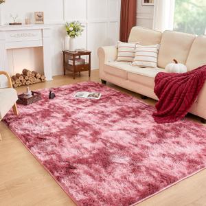 Andency 3x5 Shag Area Rug for Living Room, Tie-Dyed Dark Red Soft Fuzzy Plush Indoor Carpets for Bedroom, Non Skid Fluffy Faux Fur Rug for Room