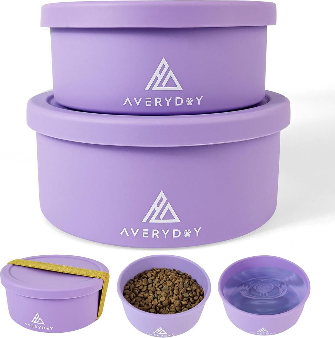 30 Oz Travel Dog Bowls with Lids, 2-in-1 Portable Pet Bowls for Food and Water, Leakproof Travel Dog Food & Water Bowl for Outdoor, Camping, Travel Dog Feeding Bowl, Daycare Pet Bowls (Purple)