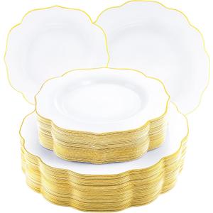 NOCCUR 120PCS Gold Plastic Plates Disposable for 60 Guests - Include 60 Dinner / 60 Dessert Plates Heavy Duty for Fall Party&Thanksgiving