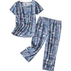 PNAEONG 2 Pack Women's Cotton Pajama Sets Short Sleeve Sleepwear Tops with Capri Pants Summer Loungewear Pj Sets(Good Night+C Star-XXL) PNAEONG 2 Pack Women's Cotton Pajama Sets Short Sleeve Sleepwear Tops with Capri Pants Summer Loungewear Pj Sets(Good Night+C Star-XXL)