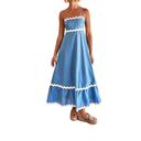 OBEEII Women Summer Dresses 2024 Vacation Boho Spaghetti Strap Backless Smocked Rickrack Trim Flowy A-line Maxi Sundress XL