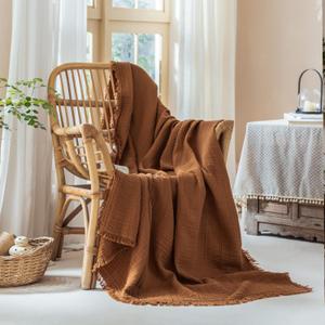 Muslin Fringe Blanket for Adults 100% Cotton 4-Layer Gauze Cloud Soft Breathable Lightweight All Season Throw Blanket for Bed Couch Sofa Office (Dark Orange, Throw 50"  60")
