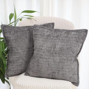 OYIMUA Set of 2 Decorative Chenille Checkered Throw Pillow Covers 18x18 Grey Neutral Farmhouse Vintage Cushion Covers Modern Boho Pillowcases for Sofa Couch Bedroom Living Room Home Decor